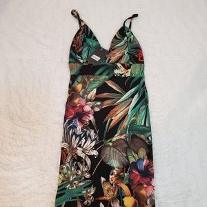 Palm Print Midi Dress V Neck